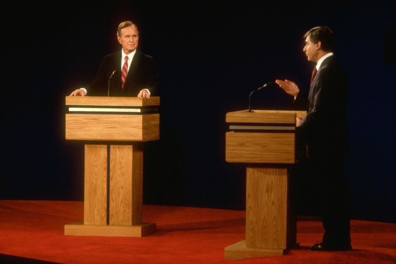Bush debates Democratic presidential candidate Michael Dukakis in 1988.