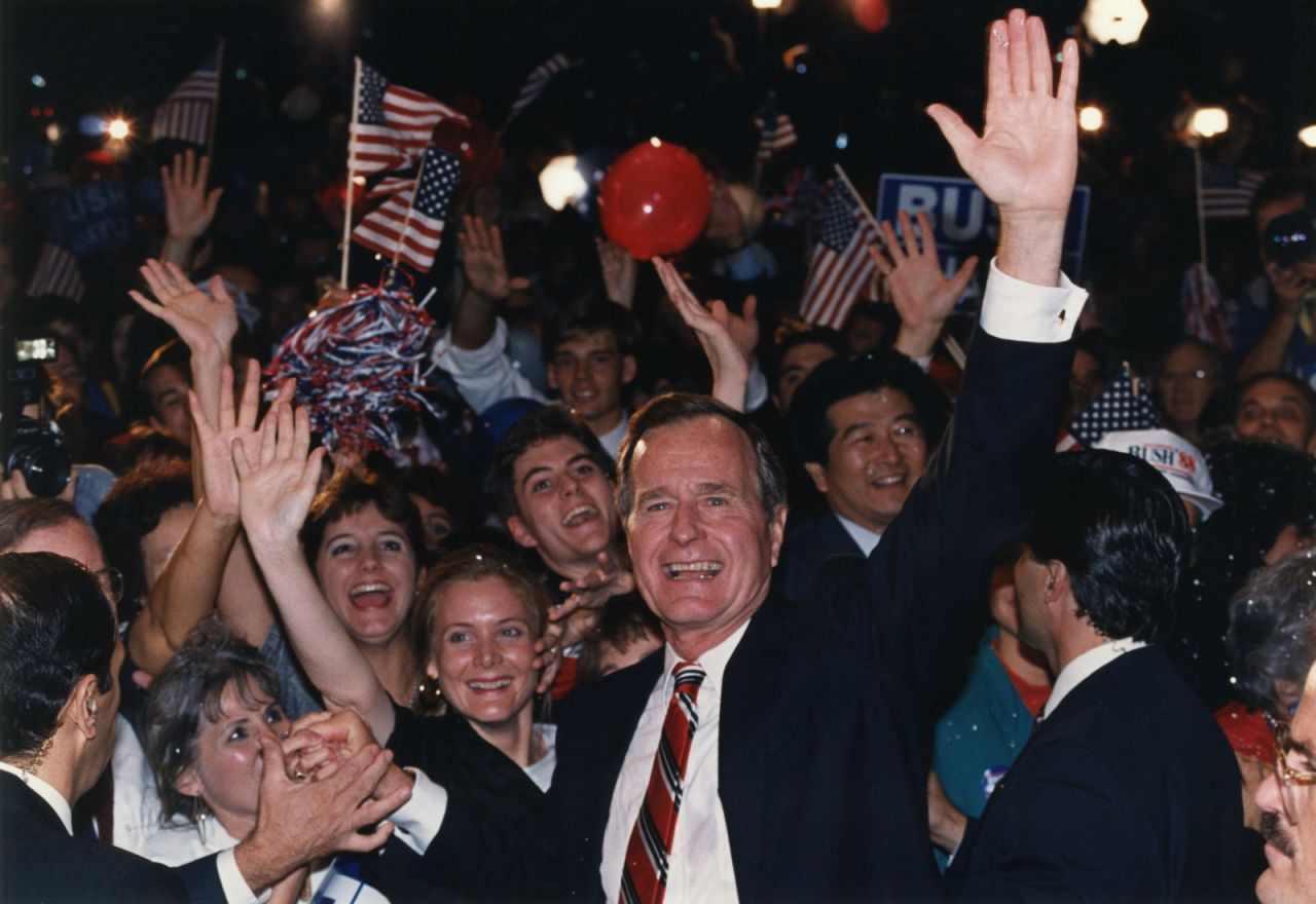 Bush joins supporters in Houston after learning he had defeated Dukakis in the presidential election.