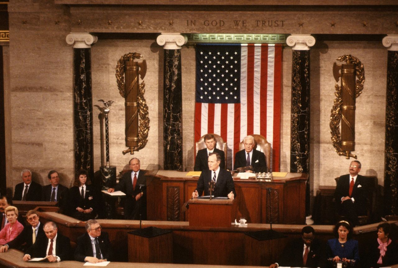 President Bush delivers his first State of the Union address to a joint session of Congress on January 31, 1990. 