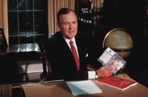 Bush holds up a plastic bag with crack cocaine during a televised speech about drugs in 1989. Weeks later it was revealed that government agents had bought the drugs from a dealer in front of the White House for the purpose of Bush's speech. 