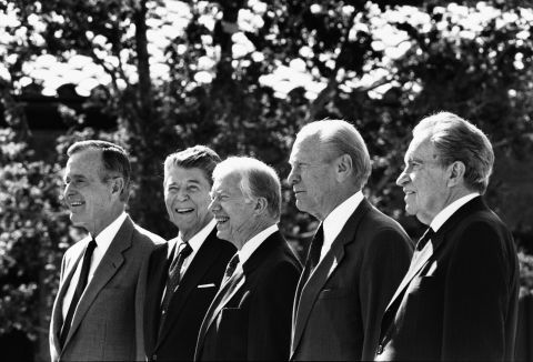 From left, Presidents Bush, Reagan, Jimmy Carter, Gerald Ford and Richard Nixon stand together at the dedication of the Ronald Reagan Library in 1991. It was the first time five presidents gathered in one place.