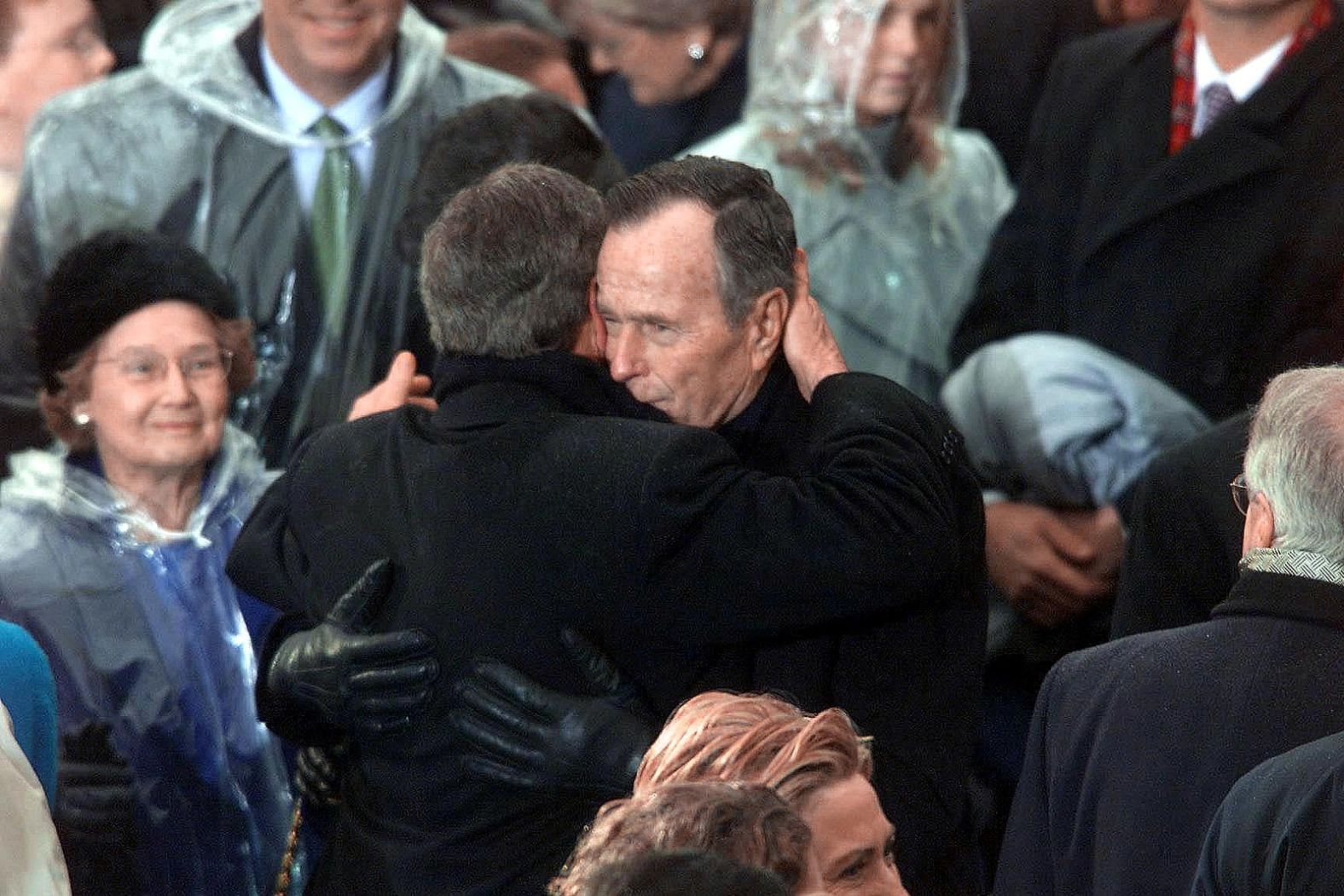 Bush's eldest son, George Walker Bush, was elected President in 2000. They became the second father-son duo in history to hold the office (the first being John Adams and John Quincy Adams). The two Georges hug here moments after the youngest was sworn in on January 20, 2001.