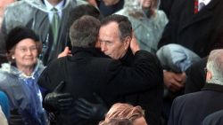 Bush's eldest son, George Walker Bush, was elected President in 2000. They became the second father-son duo in history to hold the office (the first being John Adams and John Quincy Adams). The two Georges hug here moments after the youngest was sworn in on January 20, 2001.