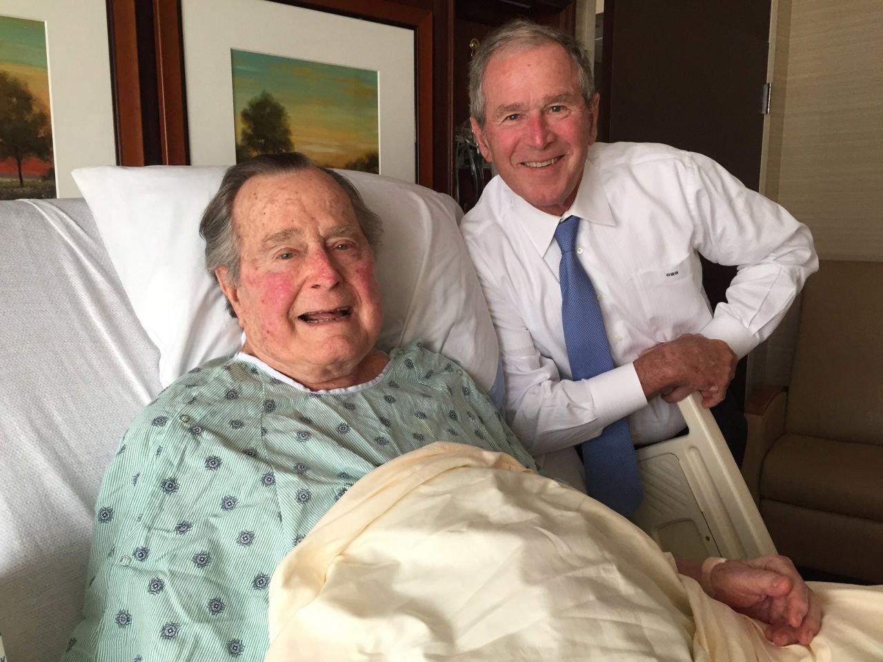 Bush was admitted to a hospital in April 2017 for an acute respiratory problem stemming from pneumonia. This photo of him and his son George was posted to Twitter. "Big morale boost from a high level delegation. No father has ever been more blessed, or prouder," the elder Bush wrote about the photo.