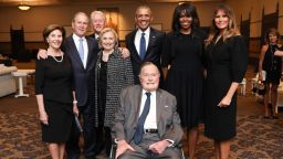 Bush joins former Presidents and first ladies at the funeral ceremony for his wife in April 2018. Behind Bush, from left, are Laura Bush, George W. Bush, Bill Clinton, Hillary Clinton, Barack Obama, Michelle Obama and current first lady Melania Trump.