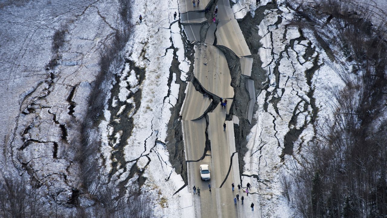 This aerial photo shows damage south of Wasilla, Alaska, after earthquakes Friday. 