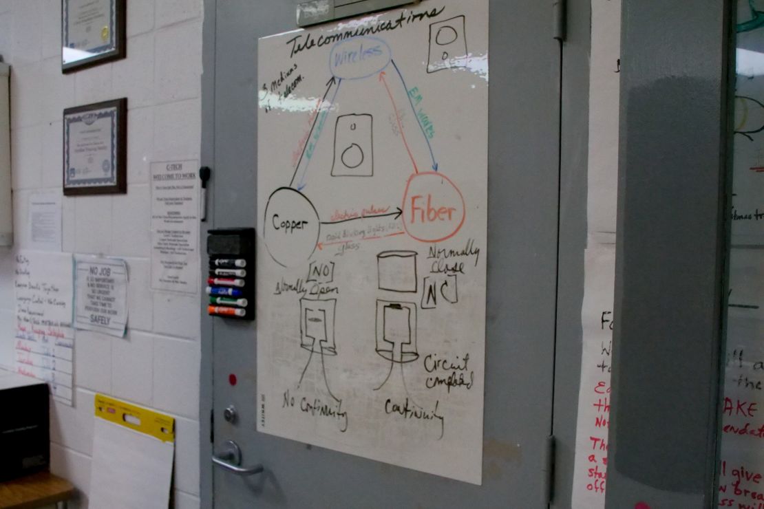 Next door to the coding class, students learn about how to repair telecoms equipment.