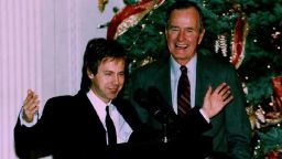 WASHINGTON, DC - DECEMBER 7: U. S. President George Bush (R) watches as comedian Dana Carvey does his George Bush impersonation 07 December 1992 Carvey and his wife Paula spent the night at the White House as guests of President Bush and First Lady Barbara Bush. (Photo credit should read ROBERT GIROUX/AFP/Getty Images)