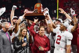 Head coach Nick Saban and the Alabama Crimson Tide celebrate after defeating the Georgia Bulldogs 35-28 in the 2018 SEC Championship Game at Mercedes-Benz Stadium on December 1, 2018 in Atlanta, Georgia.  (Photo by Scott Cunningham/Getty Images)