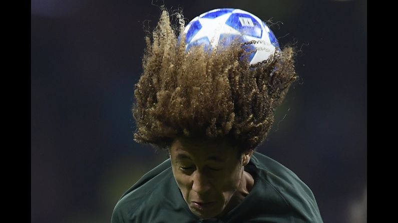 AS Monaco's midfielder Han-Noah Massengo heads the ball during a UEFA Champions League football match between Atletico Madrid and Monaco in Madrid on Wednesday, November 28.