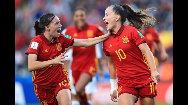 Claudia Pina, right, of Spain celebrates scoring a goal during the final match of the FIFA U-17 Women's World Cup between Spain and Mexico at Estadio Charrua on Saturday, December 1, in Montevideo, Uruguay. Spain defeated Mexico 2-1.