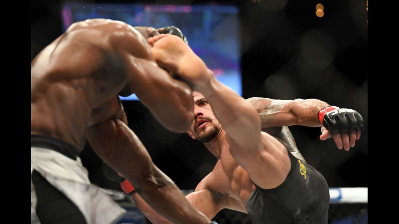 Juan Espino kicks Justin Frazier during a heavyweight bout at The Pearl in Las Vegas on Friday, November 30. Espino defeated Frazier by submission.