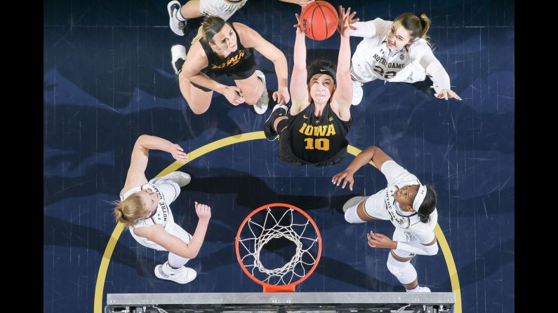 Iowa Hawkeyes forward Megan Gustafson grabs a rebound in the second half against the Notre Dame Fighting Irish at the Purcell Pavilion in South Bend, Indiana, on Thursday, November 29.