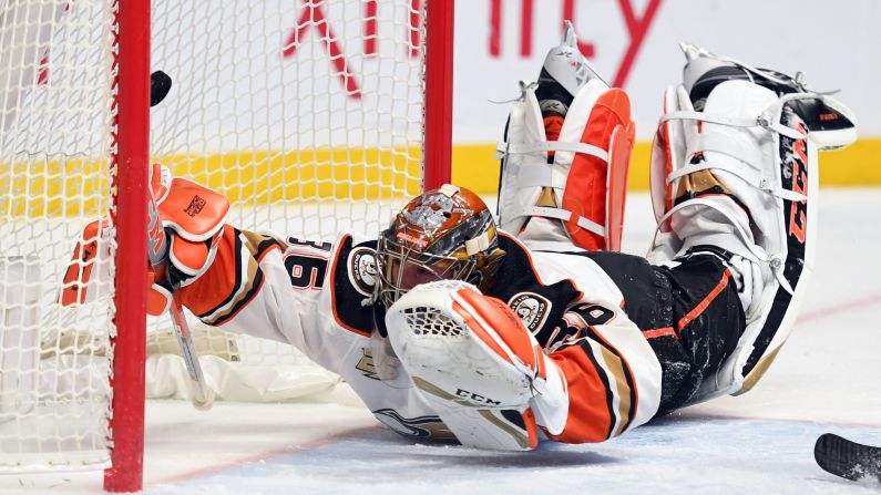 Anaheim Ducks goaltender John Gibson is unable to make a save on a shot by Nashville Predators left wing Austin Watson during the first period of an NHL hockey game on Sunday, November 25, at Bridgestone Arena in Nashville.