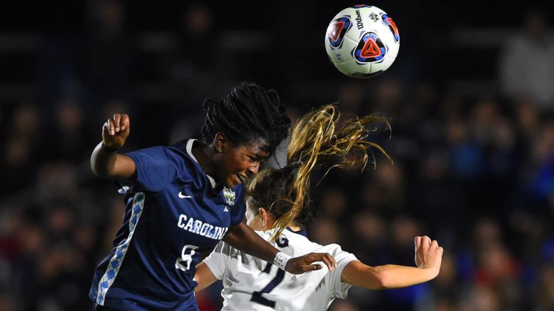 North Carolina midfielder Brianna Pinto heads the ball during a match against Georgetown. The Tar Heels defeated the Hoyas 1-0 in overtime at WakeMed Soccer Park in Cary, North Carolina, on Friday, November 30.