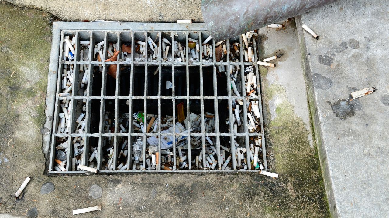 Cigarette butts collect in drains and are washed into waterways.