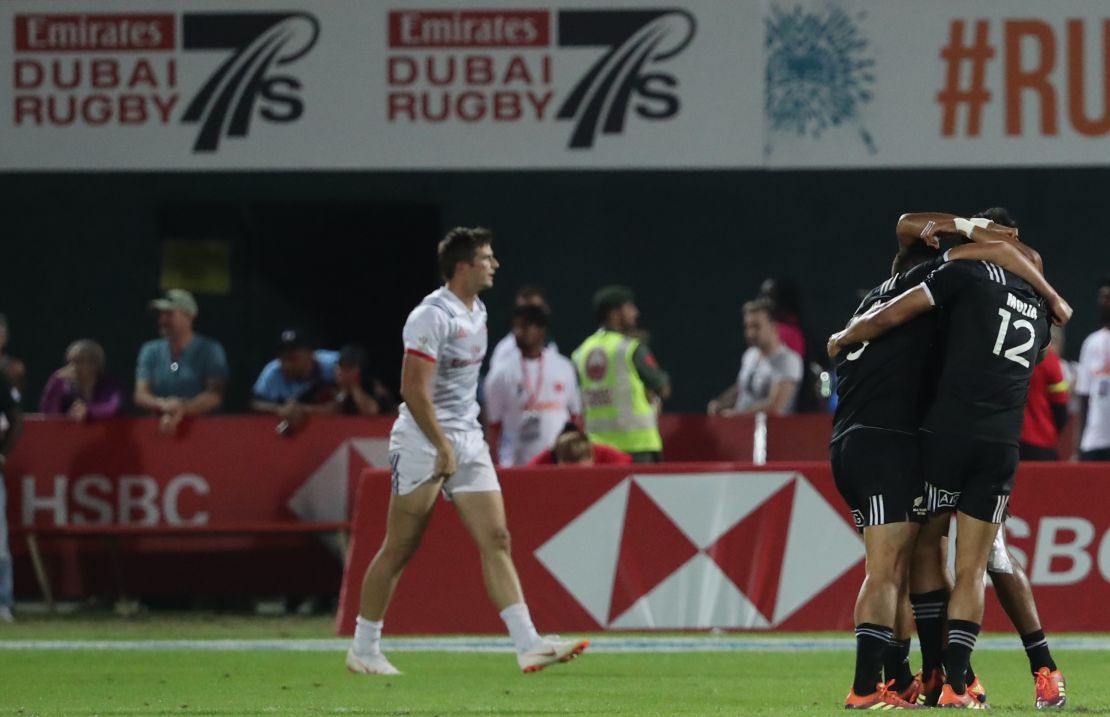 New Zealand players celebrate during the final of the Men's Sevens World Rugby Dubai Series Cup.
