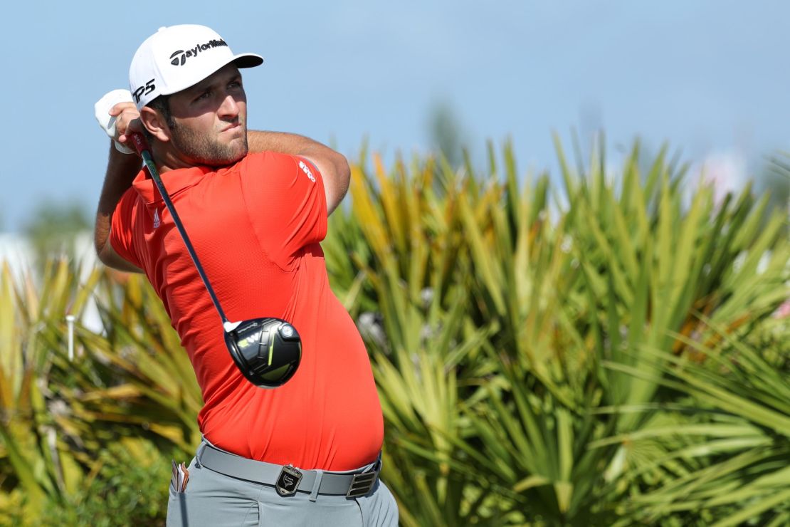 Jon Rahm of  Spain tees off on the fourth hole during the final round of the Hero World Challenge at Albany, Bahamas.
