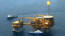 Picture shows an Aerial view of the Balal offshore oil platform in the Gulf waters, in the Gulf on the edge of Qatar's territorial waters, 16 May 2004. Iran's Vice President Mohammad Ali Aref officially inaugurated the Balal offshore oil field developed by French major Total together with BowValley of Canada and Italy's Agip. The Balal field is currently producing 40,000 barrels per day and was developed under a 310-million-dollar agreement signed in 1999.      AFP PHOTO/Behrouz MEHRI (Photo credit should read BEHROUZ MEHRI/AFP/Getty Images)