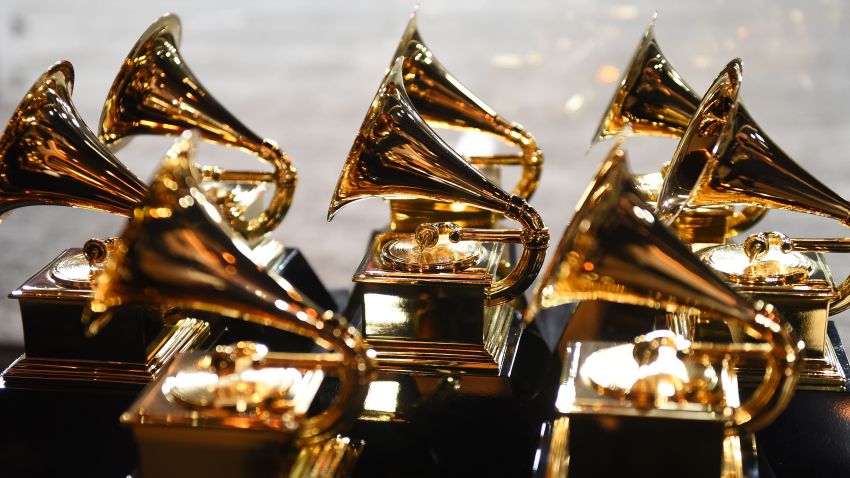 Grammy trophies sit in the press room during the 60th Annual Grammy Awards on January 28, 2018, in New York.  / AFP PHOTO / Don EMMERT        (Photo credit should read DON EMMERT/AFP/Getty Images)