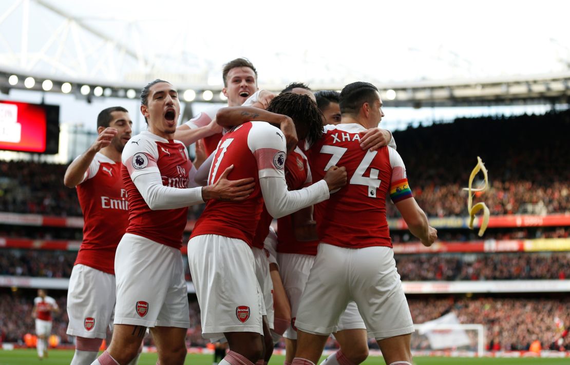 The banana skin can be seen as Pierre-Emerick Aubameyang celebrates.