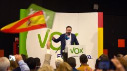 Santiago Abascal, leader of Spain's far-right party VOX, gives a speech during a campaign meeting ahead of regional elections in Andalusia, on November 26, 2018 in Granada. 