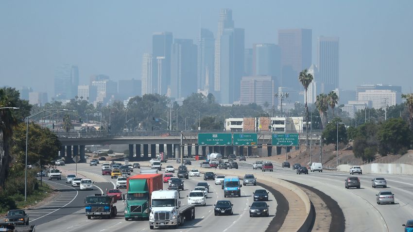 Highrise buildings in downtown Los Angeles, California are seen on on a hazy morning on September 21, 2018. - Eighty-seven days of smog this summer has made it the longest stretch of bad air in at least 20 years, according to state monitoring data, the latest sign Southern California's efforts to battle smog after decades of dramatic improvement are faltering. (Photo by Frederic J. BROWN / AFP)        (Photo credit should read FREDERIC J. BROWN/AFP/Getty Images)