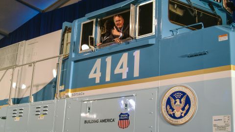President George H.W. Bush in the cab of the Bush 4141 locomotive at its unveiling in 2005. 