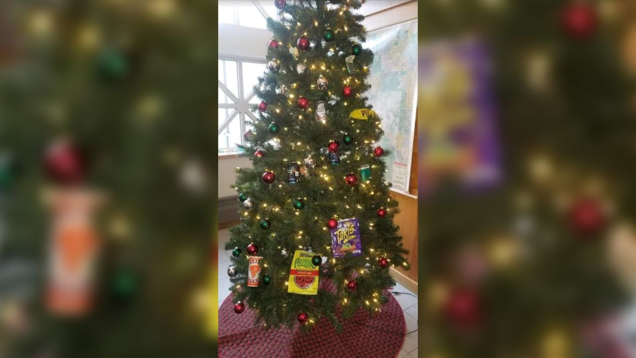 This tree in a Minneapolis police precinct was decorated with fast-food wrappers and other trash.