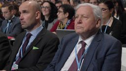 Natural historian Sir David Attenborough (R) listens to speeches during the COP24 summit on climate change in Katowice, Poland, on December 3, 2018. (Photo by Janek SKARZYNSKI / AFP)        (Photo credit should read JANEK SKARZYNSKI/AFP/Getty Images)
