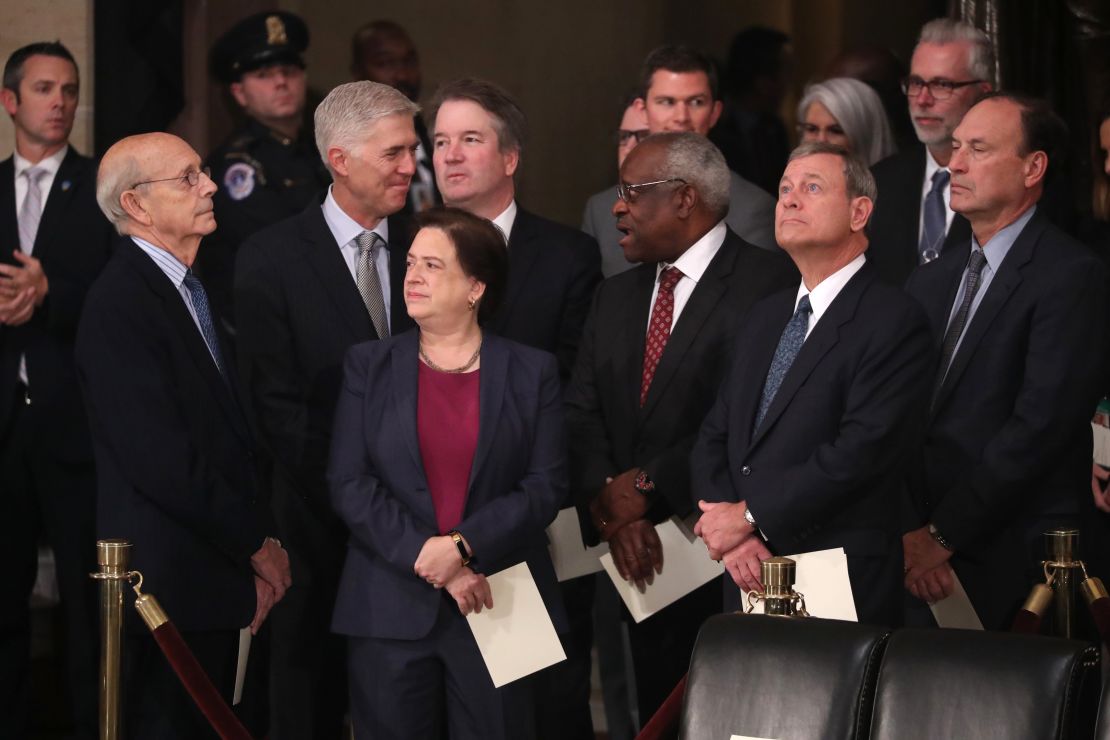 Justices of the U.S. Supreme Court including (left to right) Justices Stephen Breyer, Neil Gorsuch, Elena Kagan, Brett Kavanaugh, Clarence Thomas, Chief Justice John Roberts and Justice Samuel Alito await the arrival of the casket of former President George H.W. Bush inside at the U.S Capitol Rotunda. (Photo by Jonathan Ernst - Pool/Getty Images)