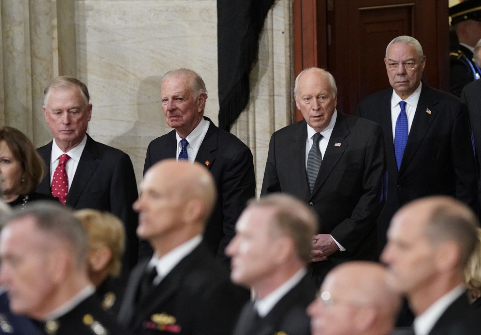 From left, former Vice President Dan Quayle, former Secretary of State James Baker, former Vice President Dick Cheney and former Secretary of State Colin Powell attend the memorial ceremony on December 3. Quayle and Baker held those positions while Bush was in office. Cheney was defense secretary under Bush, while Powell was chairman of the Joint Chiefs of Staff.