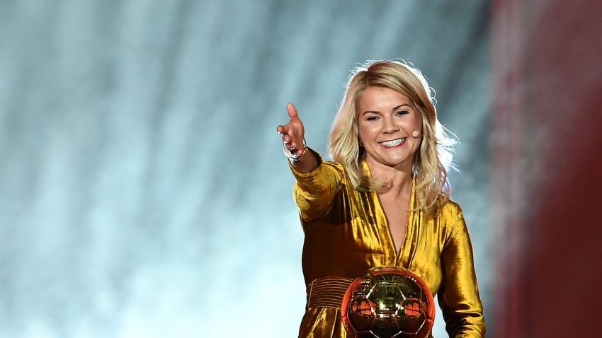 Olympique Lyonnais' Norwegian forward Ada Hegerberg gestures after receiving the 2018 FIFA Women's Ballon d'Or award for best player of the year during the 2018 FIFA Ballon d'Or award ceremony at the Grand Palais in Paris on December 3, 2018. - The winner of the 2018 Ballon d'Or will be revealed at a glittering ceremony in Paris on December 3 evening, with Croatia's Luka Modric and a host of French World Cup winners all hoping to finally end the 10-year duopoly of Cristiano Ronaldo and Lionel Messi. (Photo by FRANCK FIFE / AFP)        (Photo credit should read FRANCK FIFE/AFP/Getty Images)