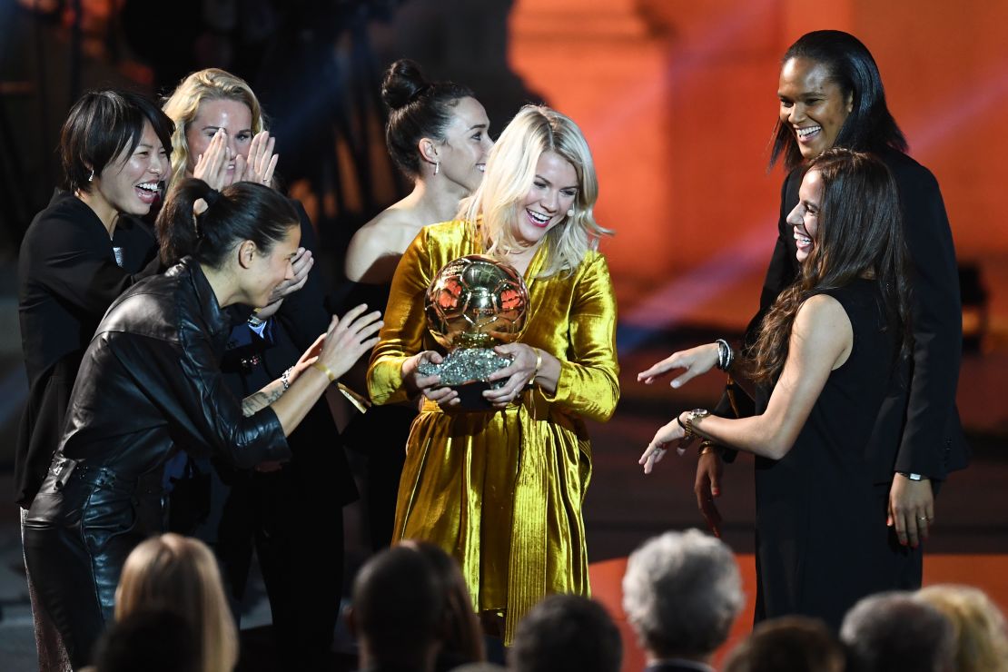 Ada Hegerberg is congratulated by her Lyon teammates after winning the 2018 Women's Ballon d'Or