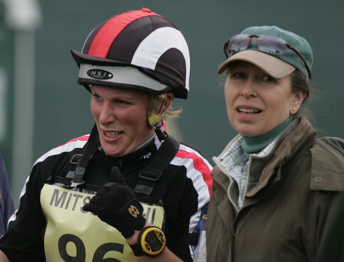 Zara Phillips (left) jokes with her mother Princess Anne at Badminton in 2008.