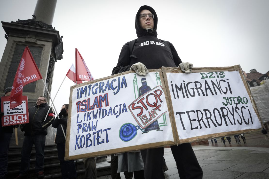 A member of the National Radical Camp (ONR) demonstrates against immigration in Warsaw, Poland wearing a hoodie from the brand Red is Bad. 
