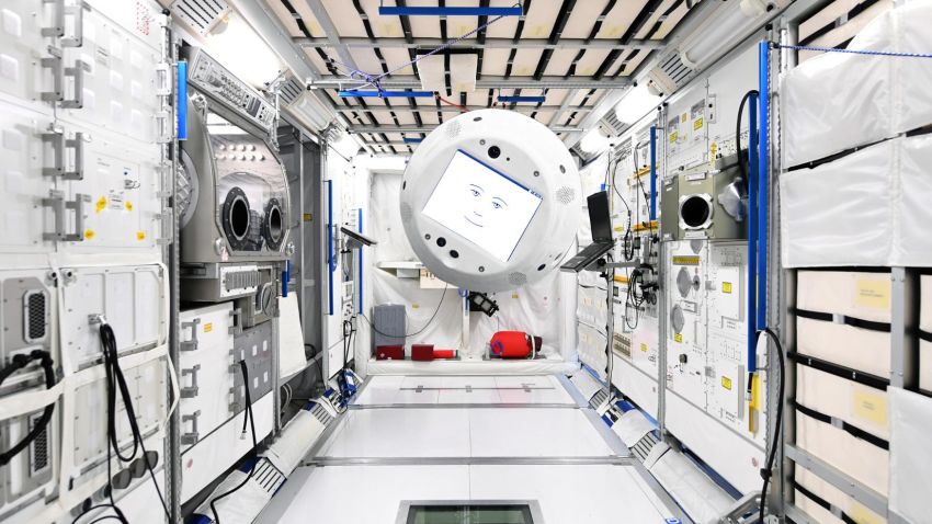 Composite image of CIMON floating in the Columbus Public Relations Module at ESA's European Astronaut Centre (EAC) in Cologne-Porz (30 January 2018). CIMON is a flying and autonomous astronaut assistant. Equipped with artificial intelligence, this unique technology demonstrator will support the work of astronauts on the ISS during German ESA astronaut Alexander Gerst's Horizons mission in the summer of 2018.