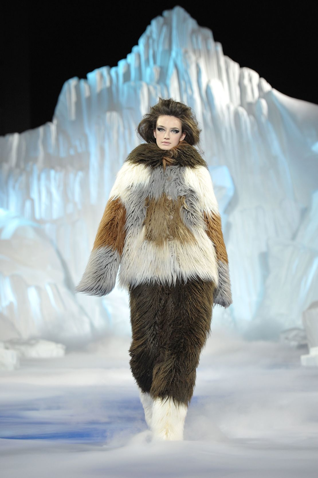 Chanel Fall-Winter 2010 collection showed at Yoyogi National Gymnasium on June 23, 2010 in Tokyo, Japan. The fur used in the show was faux fur.