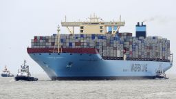 The "Maersk Mc-Kinney Moller" container ship arrives in Bremerhaven, Germany, during its maiden trip in 2013.