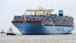The "Maersk Mc-Kinney Moller" container ship arrives on August 18, 2013 at the container terminal in Bremerhaven, northwestern Germany, during its maiden trip. The vessel, that was built by the South Korean Daewoo Shipbuilding