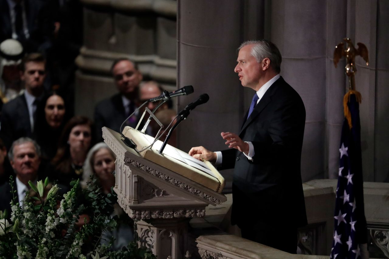 Presidential biographer Jon Meacham speaks during the state funeral on December 5. Bush "made our lives and the lives of nations freer, better, warmer and nobler," Meacham said. "That was his mission. That was his heartbeat. And if we listen closely enough, we can hear that heartbeat even now, for it's the heartbeat of a lion -- a lion who not only led us, but who loved us."