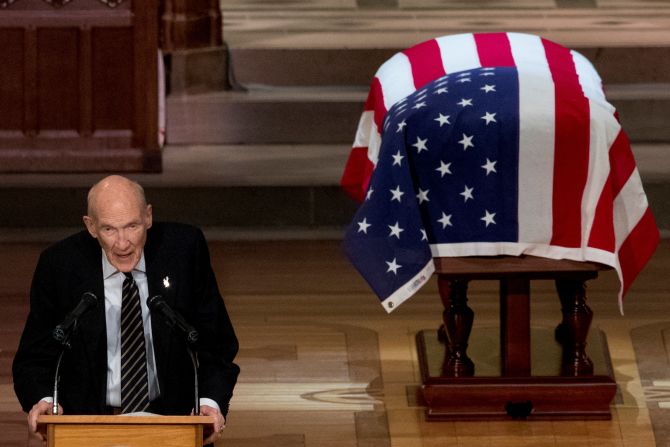 Former US Sen. Alan Simpson, a friend of the late President, speaks during the state funeral on December 5. Simpson called Bush "the most decent and honorable person" he ever met.