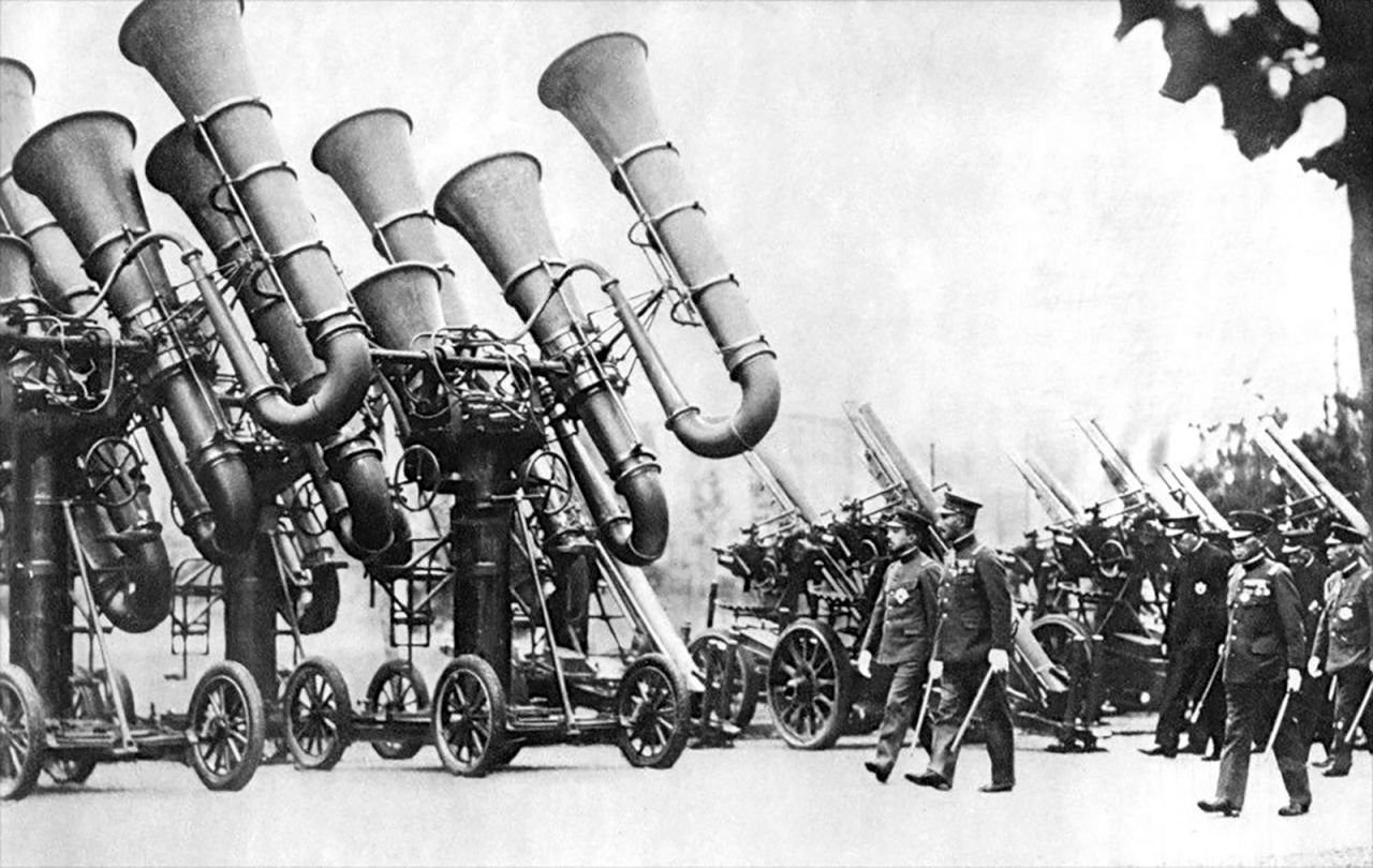 Japanese acoustic locators, also known as "war tubas."