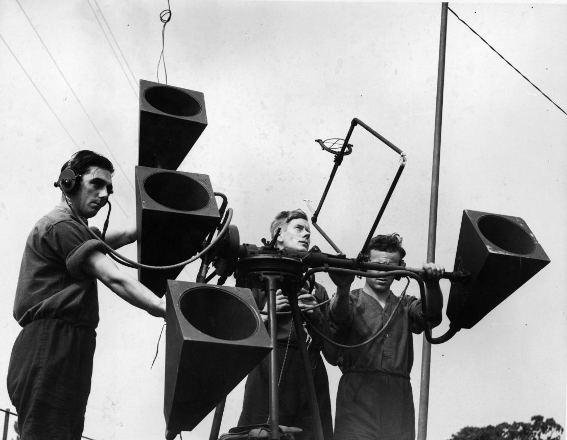 Military men operating aircraft detectors at Kinmel Park military camp, North Wales.  