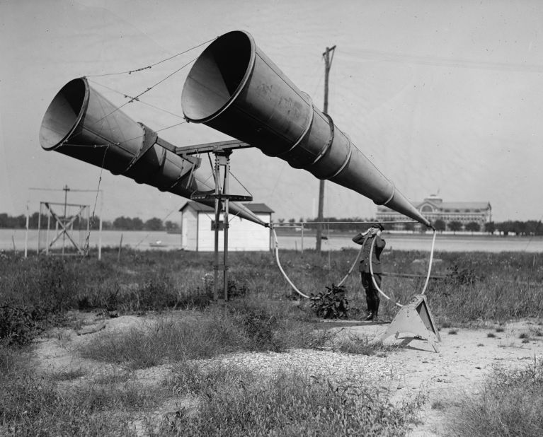 Before the invention of radar during World War II, incoming enemy aircraft were spotted using "sound locators" that looked more like musical instruments than tools of war. This one was being used at Bolling Air Field, US, in 1921.  