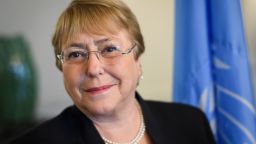 Former Chilean president Michelle Bachelet speaks from her office at the Palais Wilson on her first day as new United Nations (UN) High Commissioner for Human Rights on September 3, 2018 in Geneva. (Photo by Fabrice COFFRINI / POOL / AFP)        (Photo credit should read FABRICE COFFRINI/AFP/Getty Images)
