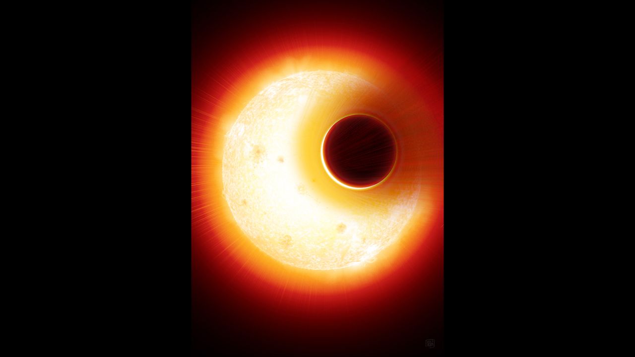 This is an artist's impression of the exoplanet HAT-P-11b. The planet has an extended helium atmosphere that's being blown away by the star, an orange dwarf star smaller but more active than our sun.