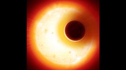 Artist's impression of the exoplanet HAT-P-11b with its extended helium atmosphere blown away by the star, an orange dwarf star smaller, but more active, than the Sun.