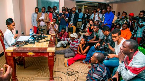 Diane Rwigara announces her plans to run as a presidential candidate at a press conference in Kigali in May 2017.