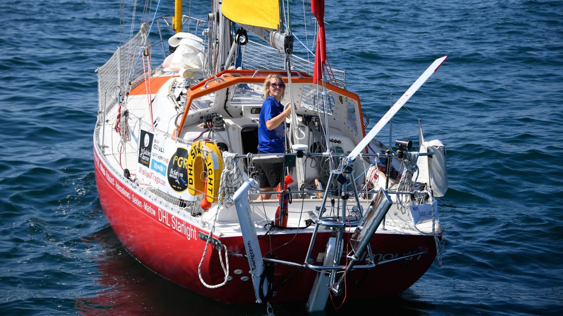 Susie Goodall leaves Les Sables d'Olonne, France, July 1, on the DHL Starlight at the start of the around-the-world Golden Globe Race. 